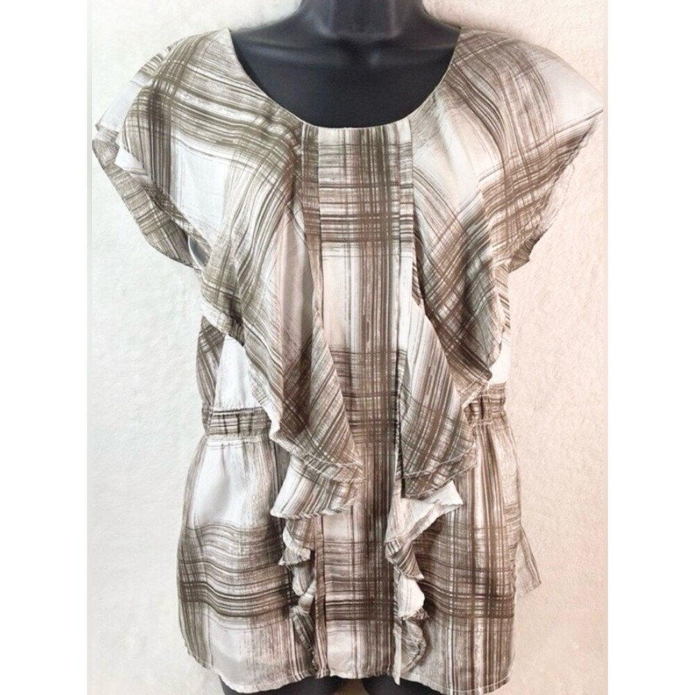 Pure Sugar 100% Silk Ruffle Blouse | Brown & Ivory | Boho Flutter Sleeve | L